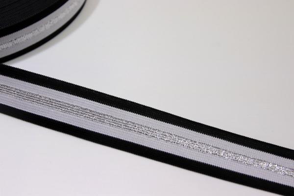 elastische Glam Stripes - schwarz/weiß/silber Lurex - 2,5 cm